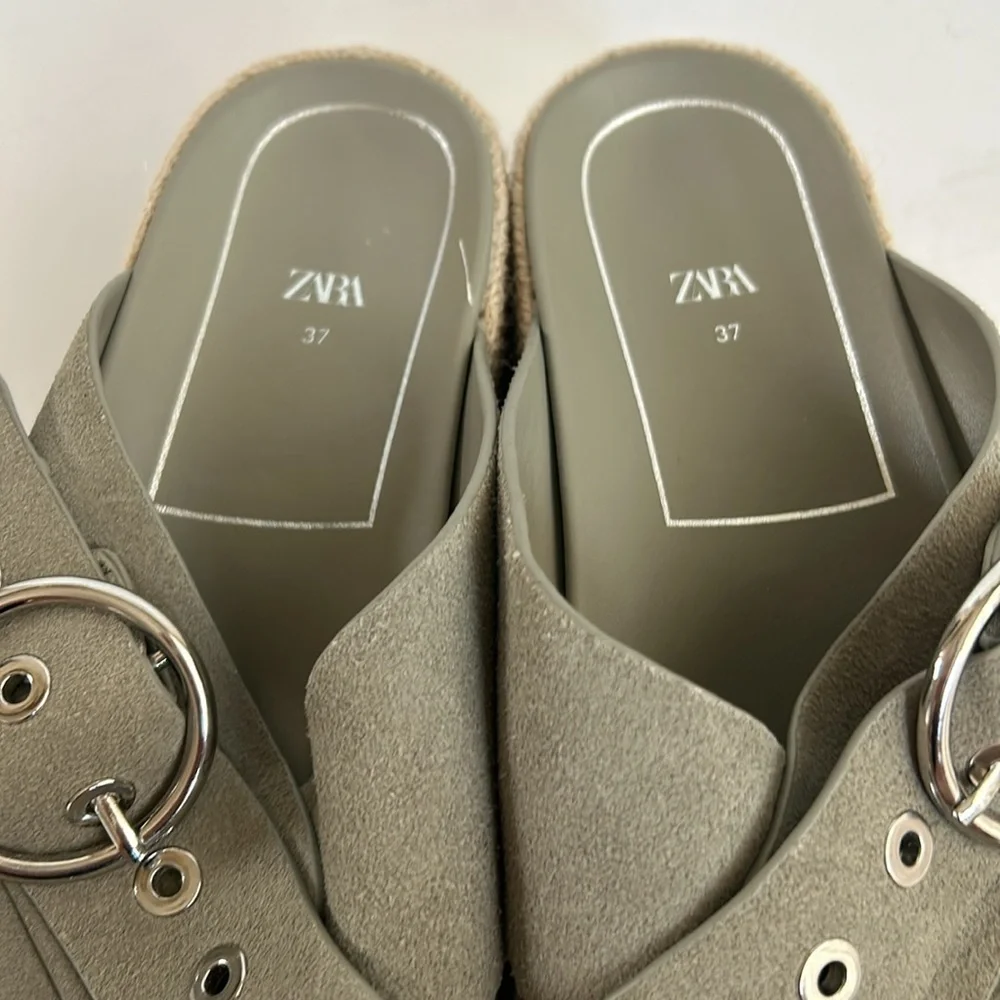 Zara espadrille platform sandal slide silver buckle sage gray green suede - Picture 5 of 16